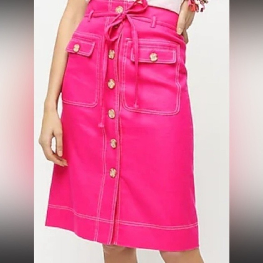 J Crew Skirt Size 14 Bright Pink Linen Blend Button Front Belted Utility A Line